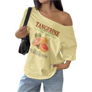 image:imageWomens Oversized Off Shoulder Graphic Tees Short Sleeve Bow Letter Print T Shirts Y2K TopsYellow
