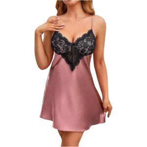 image:imageWomens Plus Size Floral Lace Sheer Satin Nightgown Spaghetti Strap Night Dress ChemiseBrown