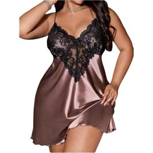 image:imageWomens Plus Size Floral Lace Sheer Satin Nightgown Spaghetti Strap Night Dress ChemiseMocha Brown