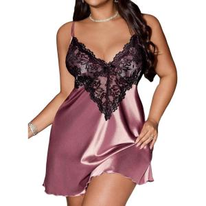 image:imageWomens Plus Size Floral Lace Sheer Satin Nightgown Spaghetti Strap Night Dress ChemisePink Brown