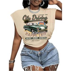 image:imageWomens Plus Size Letter Car Graphic Tees Short Sleeve Crew Neck Crop Tops Summer T ShirtBeige