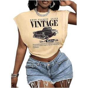 image:imageWomens Plus Size Letter Car Graphic Tees Short Sleeve Crew Neck Crop Tops Summer T ShirtKhaki