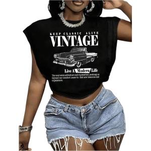 image:imageWomens Plus Size Letter Car Graphic Tees Short Sleeve Crew Neck Crop Tops Summer T ShirtSolid Black