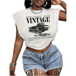 image:imageWomens Plus Size Letter Car Graphic Tees Short Sleeve Crew Neck Crop Tops Summer T ShirtWhite