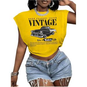 image:imageWomens Plus Size Letter Car Graphic Tees Short Sleeve Crew Neck Crop Tops Summer T ShirtYellow