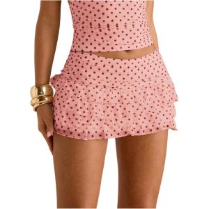 image:imageWomens Polka Dots Ruffle Tiered Layered Skirts Low Rise Ruched Y2K A Line Mini SkirtCoral Pink