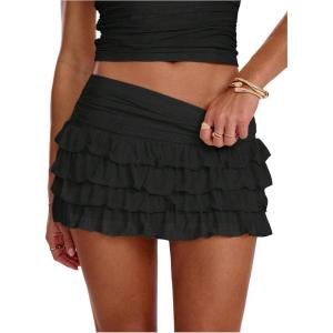image:imageWomens Polka Dots Ruffle Tiered Layered Skirts Low Rise Ruched Y2K A Line Mini SkirtPure Black