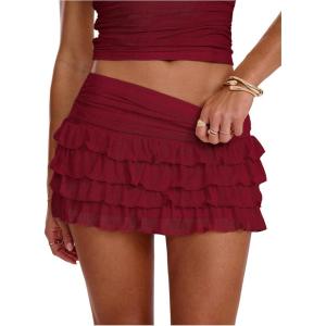 image:imageWomens Polka Dots Ruffle Tiered Layered Skirts Low Rise Ruched Y2K A Line Mini SkirtPure Burgundy