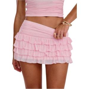 image:imageWomens Polka Dots Ruffle Tiered Layered Skirts Low Rise Ruched Y2K A Line Mini SkirtPure Coral Pink