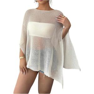 image:imageWomens See Through Knit Poncho Shawl 34 Sleeve Split Asymmetrical Shrug Sweater Cover UpApricot