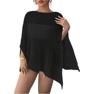 image:imageWomens See Through Knit Poncho Shawl 34 Sleeve Split Asymmetrical Shrug Sweater Cover UpBlack