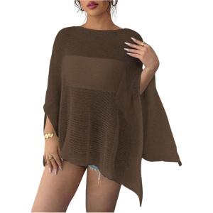 image:imageWomens See Through Knit Poncho Shawl 34 Sleeve Split Asymmetrical Shrug Sweater Cover UpCoffee Brown