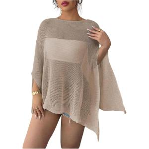 image:imageWomens See Through Knit Poncho Shawl 34 Sleeve Split Asymmetrical Shrug Sweater Cover UpKhaki