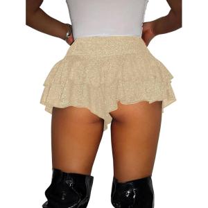 image:imageWomens Sequin Glitter Booty Shorts Layered Ruffle Sparkly Skirts High Waisted Club Party Rave Cheeky SkortsPure Apricot