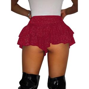 image:imageWomens Sequin Glitter Booty Shorts Layered Ruffle Sparkly Skirts High Waisted Club Party Rave Cheeky SkortsPure Red