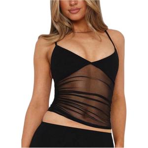 image:imageWomens Sheer Mesh Camisole Tops Ruched V Neck Spaghetti Strap Crop Tank TopBlack