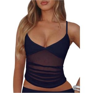 image:imageWomens Sheer Mesh Camisole Tops Ruched V Neck Spaghetti Strap Crop Tank TopDeep Blue