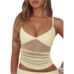 image:imageWomens Sheer Mesh Camisole Tops Ruched V Neck Spaghetti Strap Crop Tank TopYellow