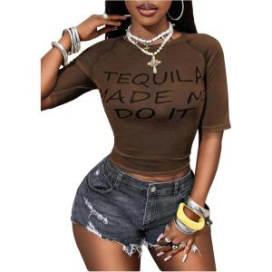 image:imageWomens Sheer Mesh Letter Graphic Tees Short Sleeve Crew Neck Y2K Vintage Crop Tops Going Out T ShirtBrown