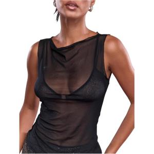 image:imageWomens Sheer Mesh Tank Top Sleeveless Slim Fit Fitted Summer Shirts Going Out TopsBlack