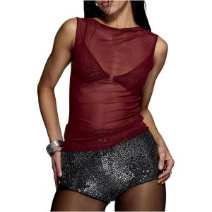 image:imageWomens Sheer Mesh Tank Top Sleeveless Slim Fit Fitted Summer Shirts Going Out TopsBurgundy