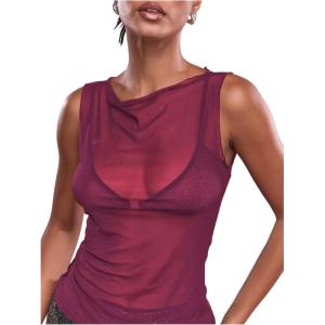 image:imageWomens Sheer Mesh Tank Top Sleeveless Slim Fit Fitted Summer Shirts Going Out TopsHot Pink