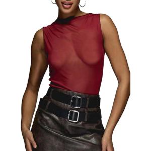 image:imageWomens Sheer Mesh Tank Top Sleeveless Slim Fit Fitted Summer Shirts Going Out TopsRed