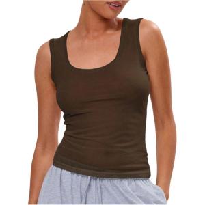 image:imageWomens Sheer Square Neck Tank Top Sleeveless Fitted Vacation Summer Tops Basic ShirtCoffee Brown