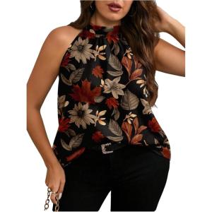 image:imageWomens Tropical Paisley Print Halter Blouse Sleeveless Boho Shirt Tops Button Back Vacation TopsBlack and Brown