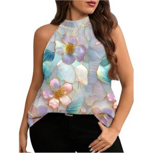 image:imageWomens Tropical Paisley Print Halter Blouse Sleeveless Boho Shirt Tops Button Back Vacation TopsFloral Grey
