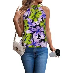 image:imageWomens Tropical Paisley Print Halter Blouse Sleeveless Boho Shirt Tops Button Back Vacation TopsGreen and Purple
