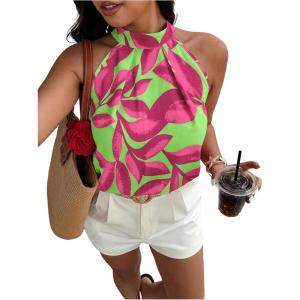image:imageWomens Tropical Paisley Print Halter Blouse Sleeveless Boho Shirt Tops Button Back Vacation TopsPink and Green