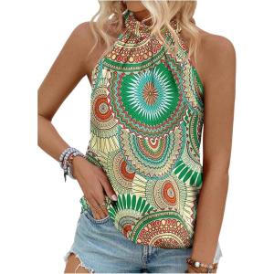 image:imageWomens Tropical Paisley Print Halter Blouse Sleeveless Boho Shirt Tops Button Back Vacation TopsYellow Green