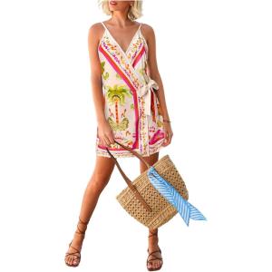 image:imageWomens Tropical Print Cami Dress Sleeveless Wrap V Neck Tie Knot Boho Short DressesApricot White