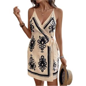 image:imageWomens Tropical Print Cami Dress Sleeveless Wrap V Neck Tie Knot Boho Short DressesBeige and Black