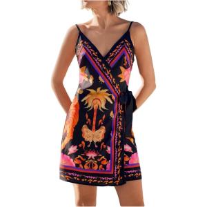 image:imageWomens Tropical Print Cami Dress Sleeveless Wrap V Neck Tie Knot Boho Short DressesBlack