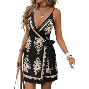 image:imageWomens Tropical Print Cami Dress Sleeveless Wrap V Neck Tie Knot Boho Short DressesBlack and Beige