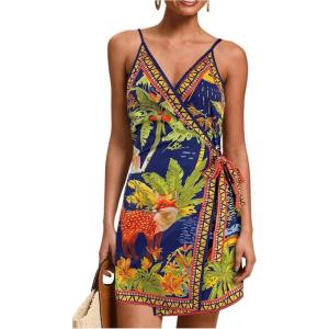 image:imageWomens Tropical Print Cami Dress Sleeveless Wrap V Neck Tie Knot Boho Short DressesBlue and Green