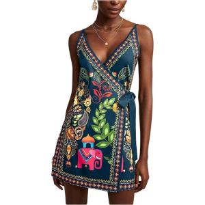 image:imageWomens Tropical Print Cami Dress Sleeveless Wrap V Neck Tie Knot Boho Short DressesDeep Blue