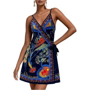 image:imageWomens Tropical Print Cami Dress Sleeveless Wrap V Neck Tie Knot Boho Short DressesFloral Blue