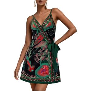 image:imageWomens Tropical Print Cami Dress Sleeveless Wrap V Neck Tie Knot Boho Short DressesGreen