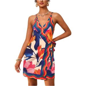 image:imageWomens Tropical Print Cami Dress Sleeveless Wrap V Neck Tie Knot Boho Short DressesMulticolor Red
