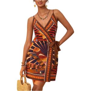 image:imageWomens Tropical Print Cami Dress Sleeveless Wrap V Neck Tie Knot Boho Short DressesOrange