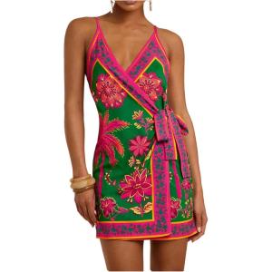 image:imageWomens Tropical Print Cami Dress Sleeveless Wrap V Neck Tie Knot Boho Short DressesPink and Green