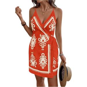 image:imageWomens Tropical Print Cami Dress Sleeveless Wrap V Neck Tie Knot Boho Short DressesRed and White