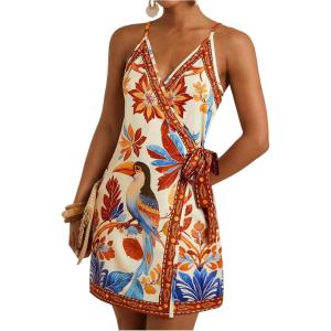 image:imageWomens Tropical Print Cami Dress Sleeveless Wrap V Neck Tie Knot Boho Short DressesWhite and Brown