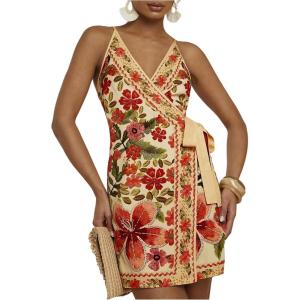 image:imageWomens Tropical Print Cami Dress Sleeveless Wrap V Neck Tie Knot Boho Short DressesYellow