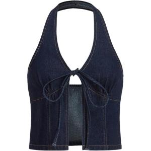 image:imageWomens Y2K Denim Halter Tops Sleeveless Bowknot Split Hem Tank Top Going Out ClothesDark Wash