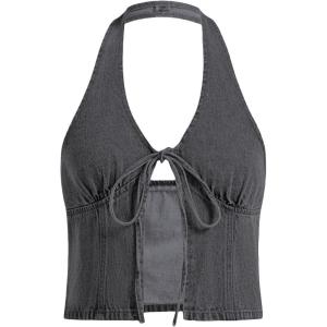 image:imageWomens Y2K Denim Halter Tops Sleeveless Bowknot Split Hem Tank Top Going Out ClothesLight Black