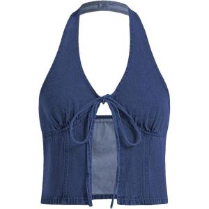 image:imageWomens Y2K Denim Halter Tops Sleeveless Bowknot Split Hem Tank Top Going Out ClothesLight Blue